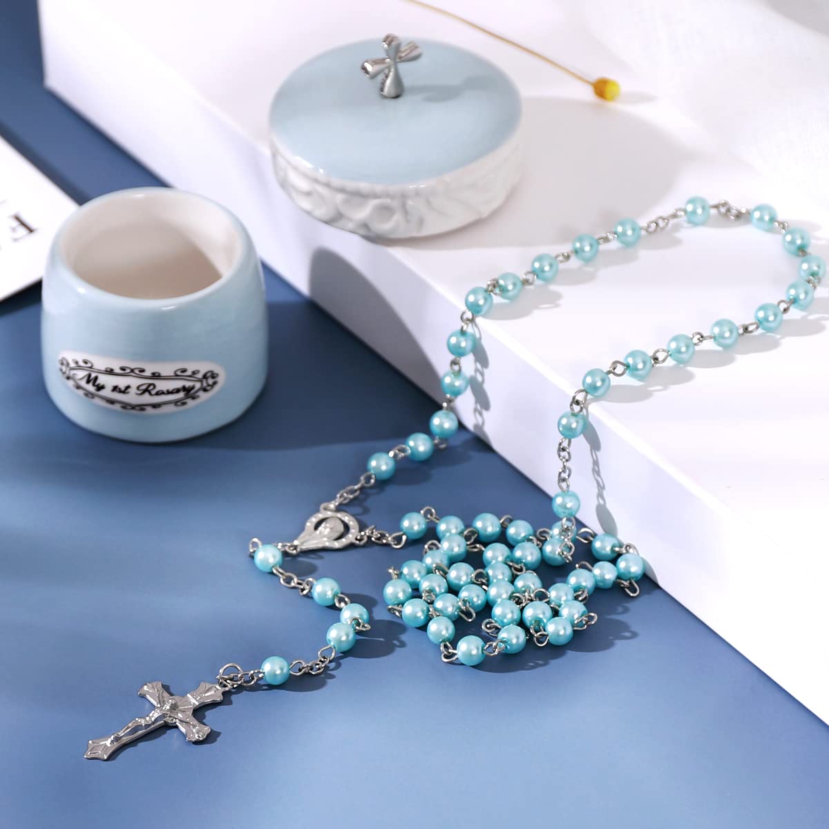 Grandeco blue ceramic keepsake box close-up for christening keepsake