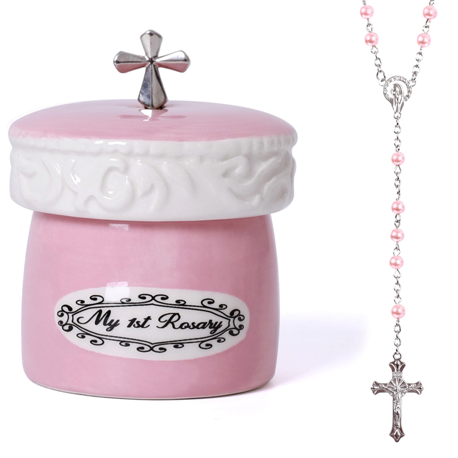 Grandeco my first rosary cross pink box close-up showing keepsake design for baptism memories
