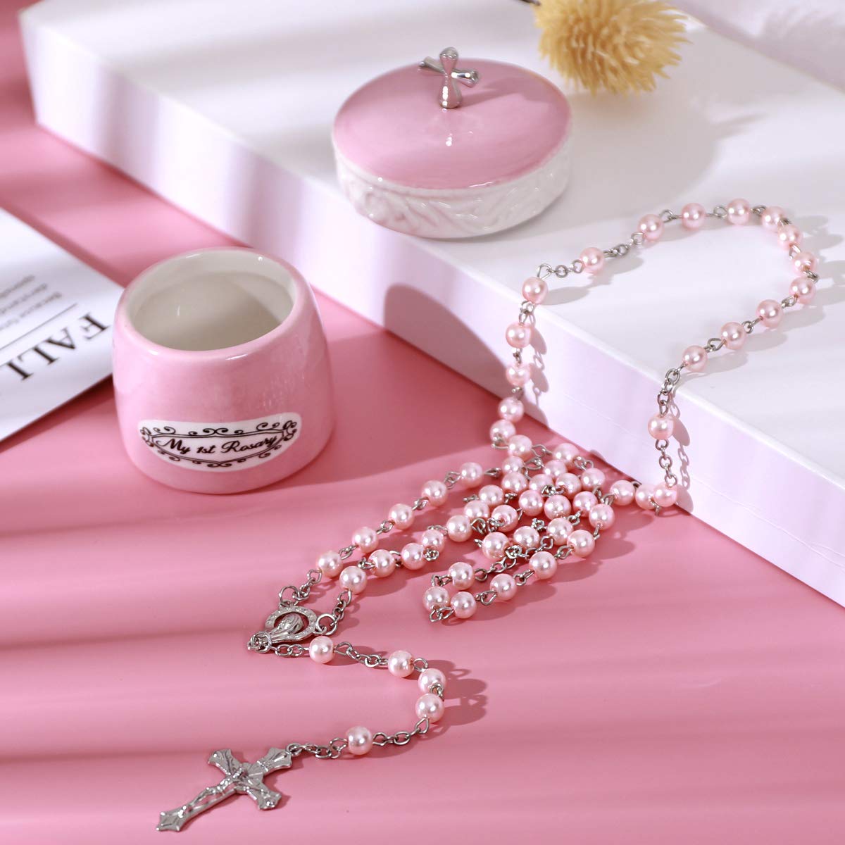Grandeco pink rosary beads close-up highlighting gentle texture suitable for keepsakes