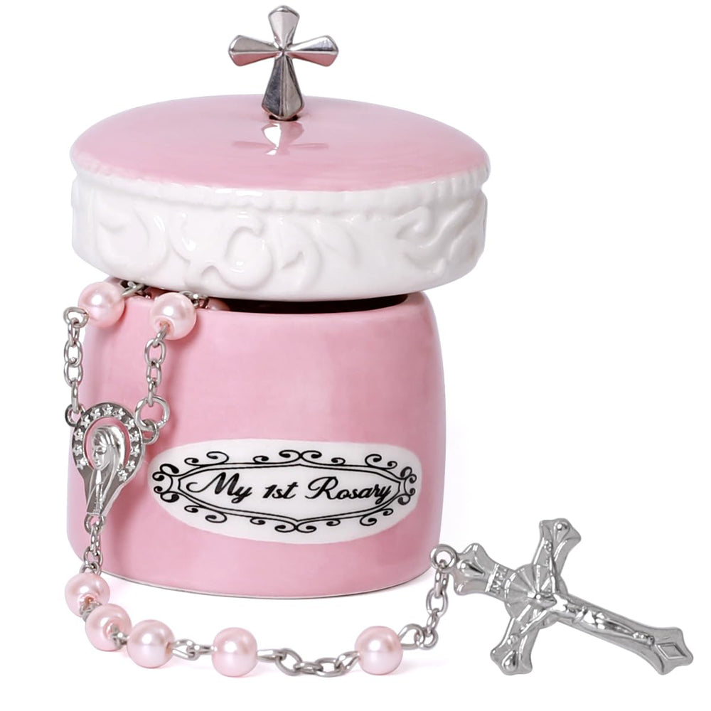 Grandeco pink rosary beads closeup for baptism keepsake and blessing gift