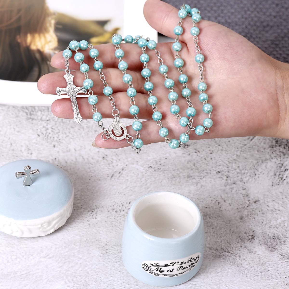 Grandeco rosary beads in blue detail for faith-inspired gift