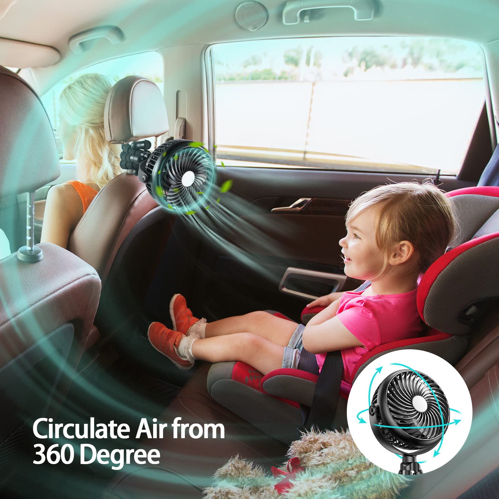 GRANDFAST stroller fan demonstrates 360° pivot for precise airflow.