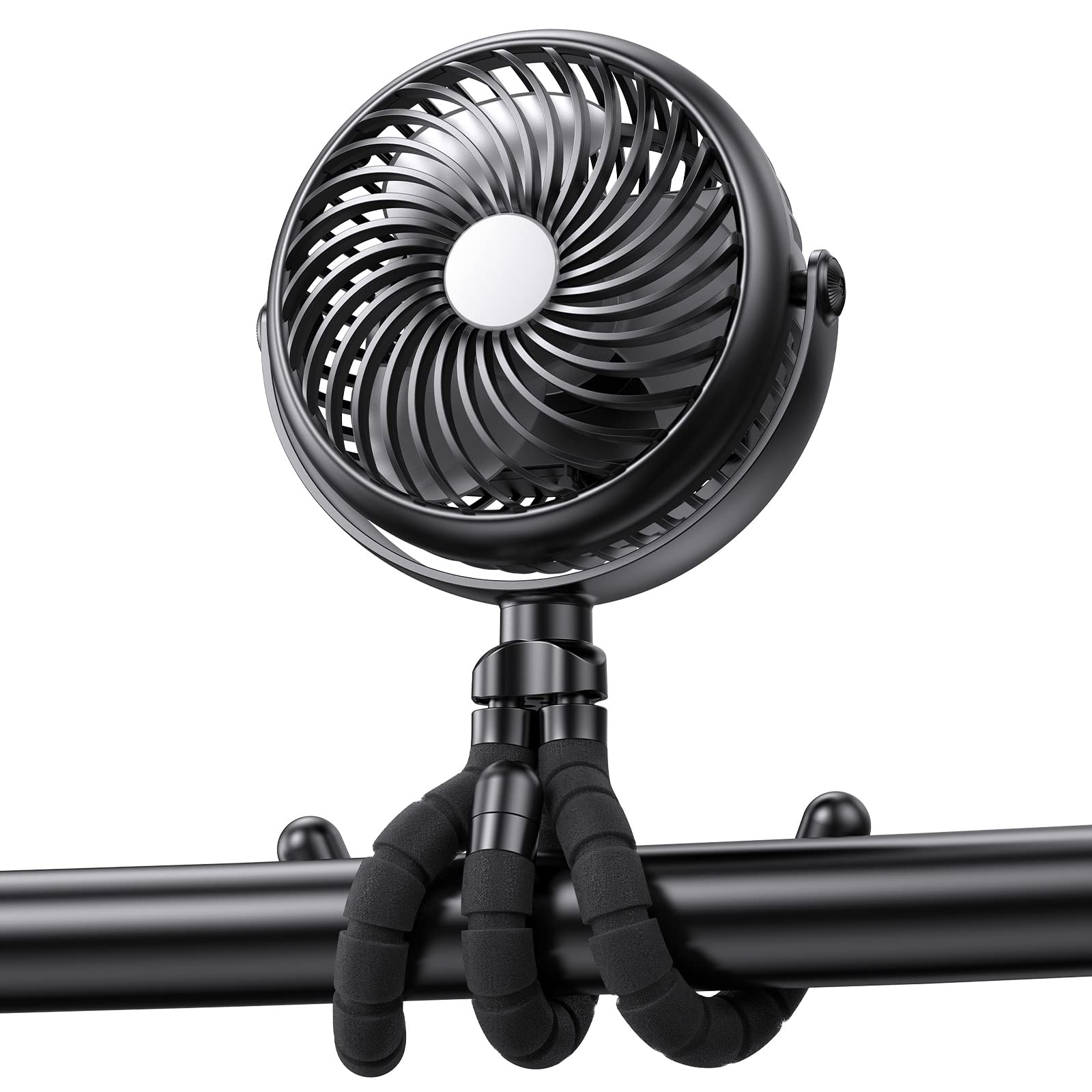 GRANDFAST portable stroller fan wrapped around a stroller showing flexible tripod for hands-free cooling.