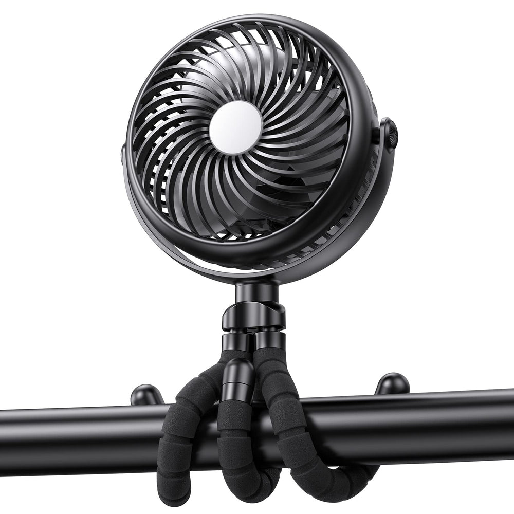 GRANDFAST portable stroller fan wrapped around a stroller showing flexible tripod for hands-free cooling.