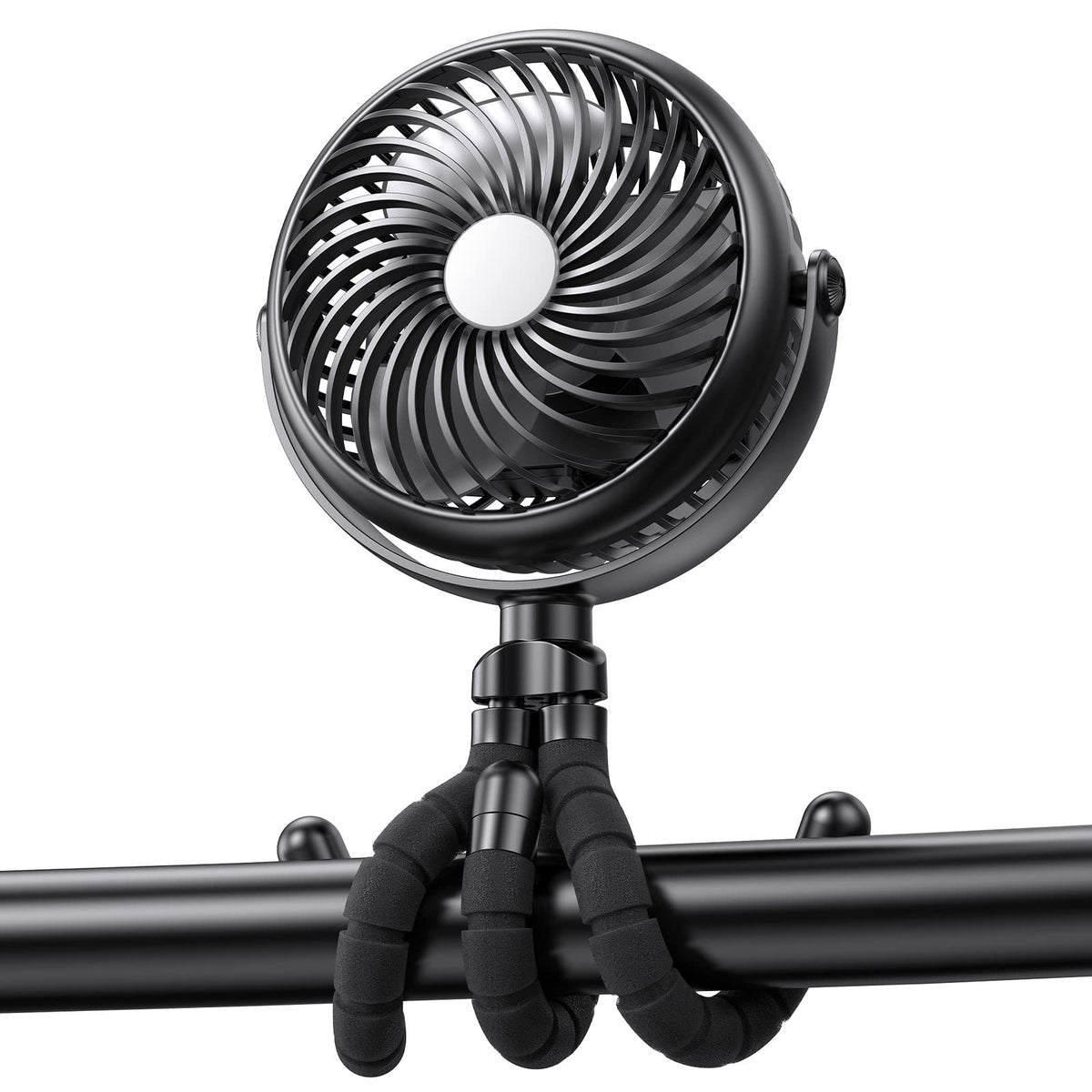 GRANDFAST portable stroller fan wrapped around a stroller showing flexible tripod for hands-free cooling.