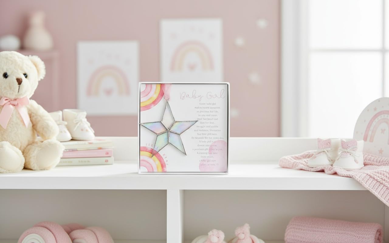 The Grandparent Gift Co iridescent glass reflects light across walls for a gentle glow.