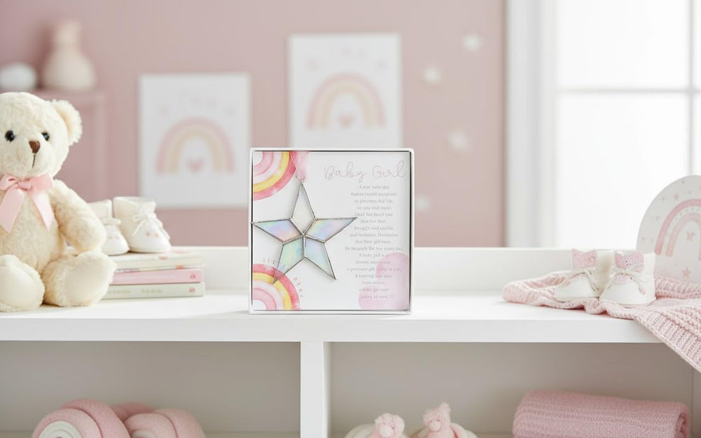 The Grandparent Gift Co iridescent glass reflects light across walls for a gentle glow.