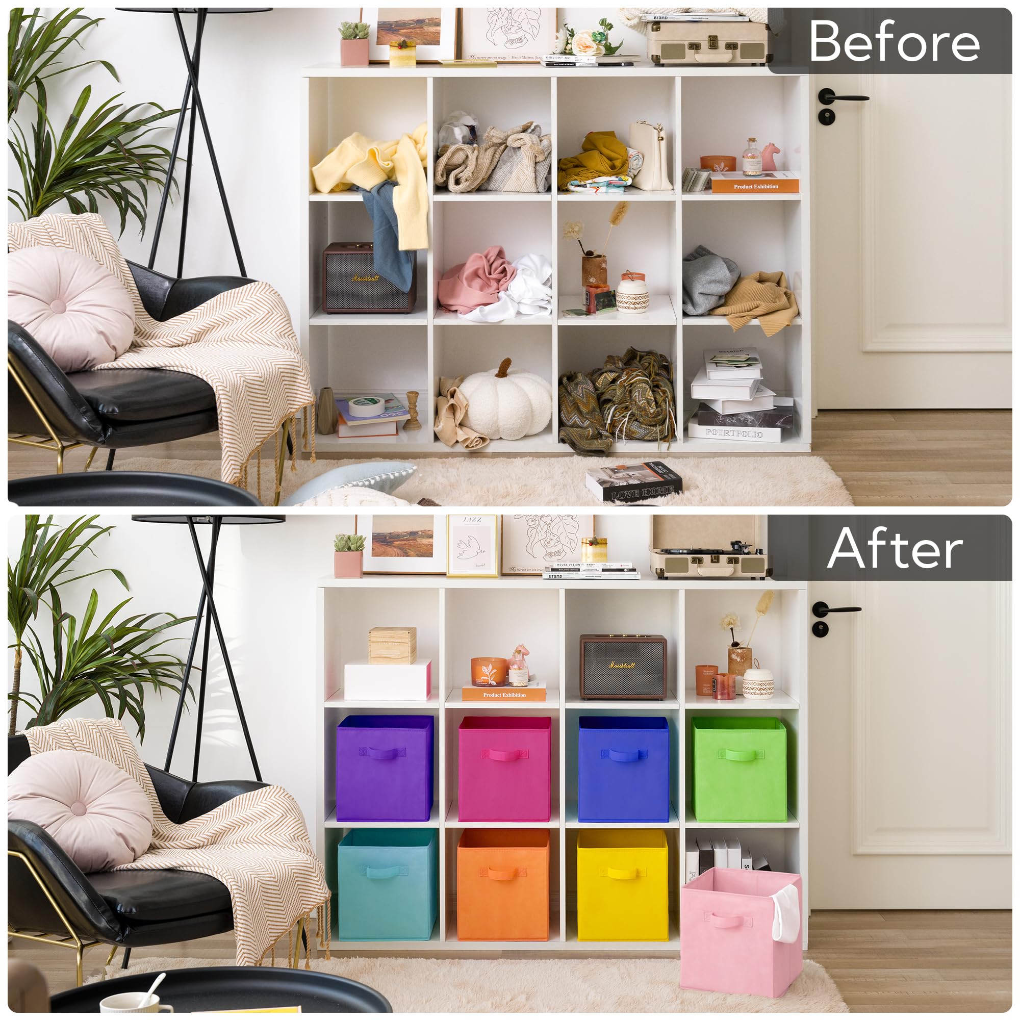 GRANNY SAYS 11-inch rainbow cube bin stacked on shelf for neat organization.