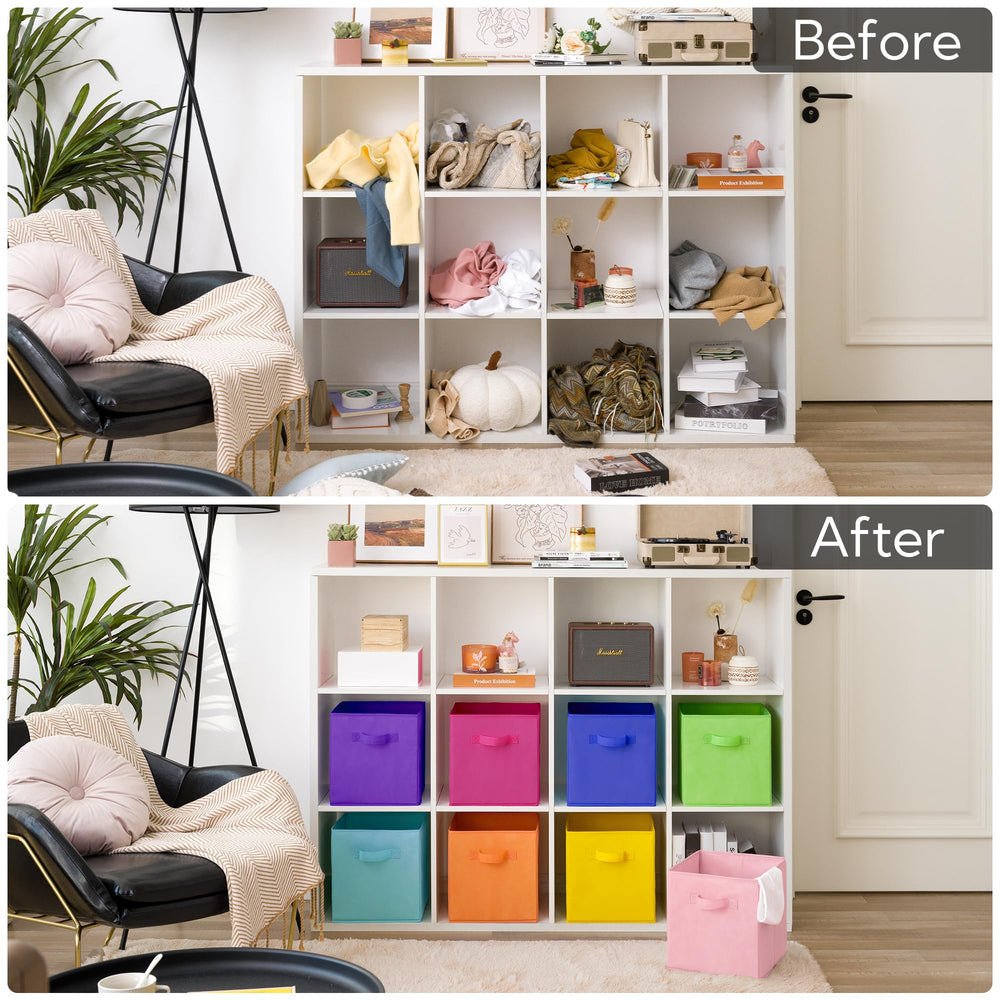 GRANNY SAYS 11-inch rainbow cube bin stacked on shelf for neat organization.