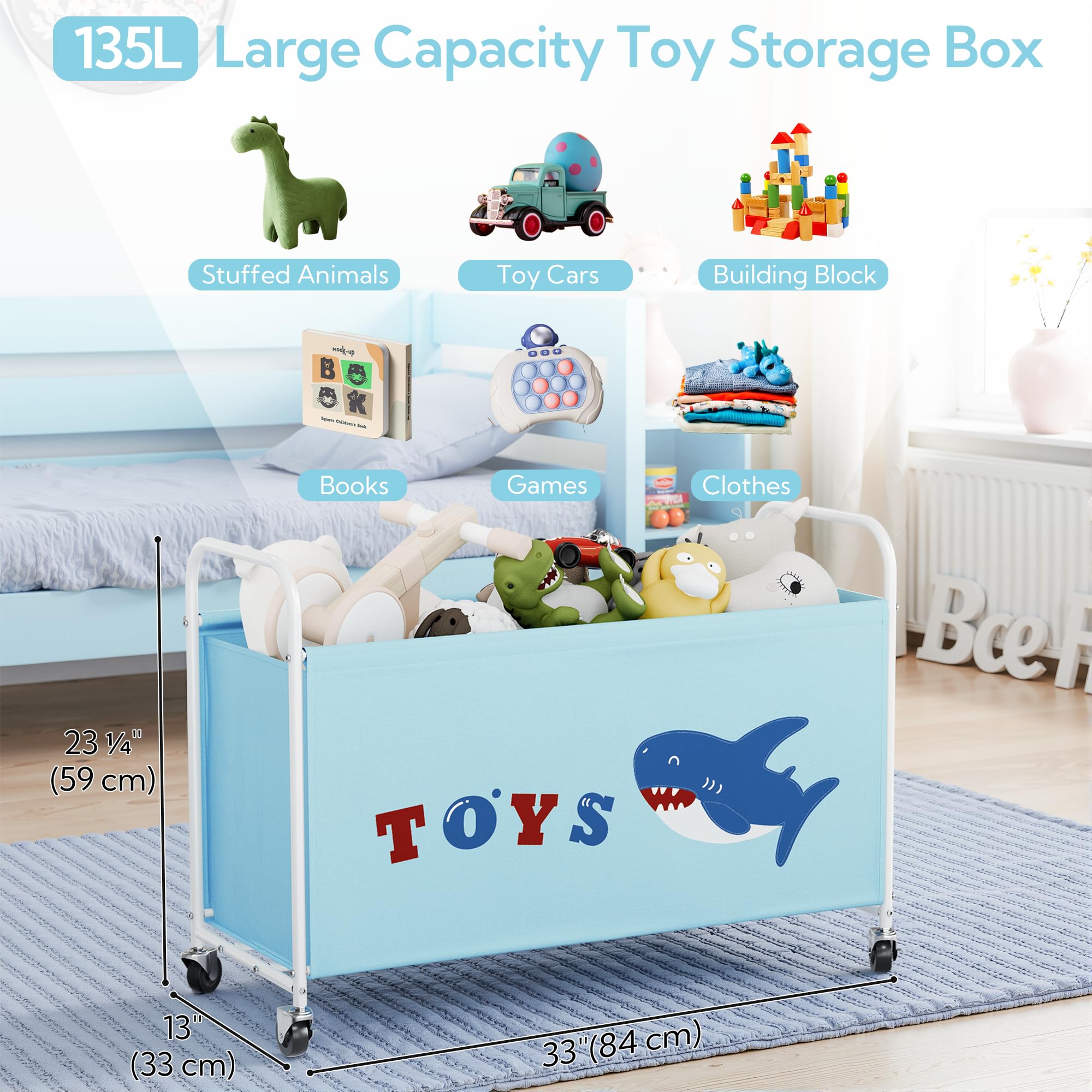 GRANNY SAYS toy box blue wheels side view showing locking wheels for stability.