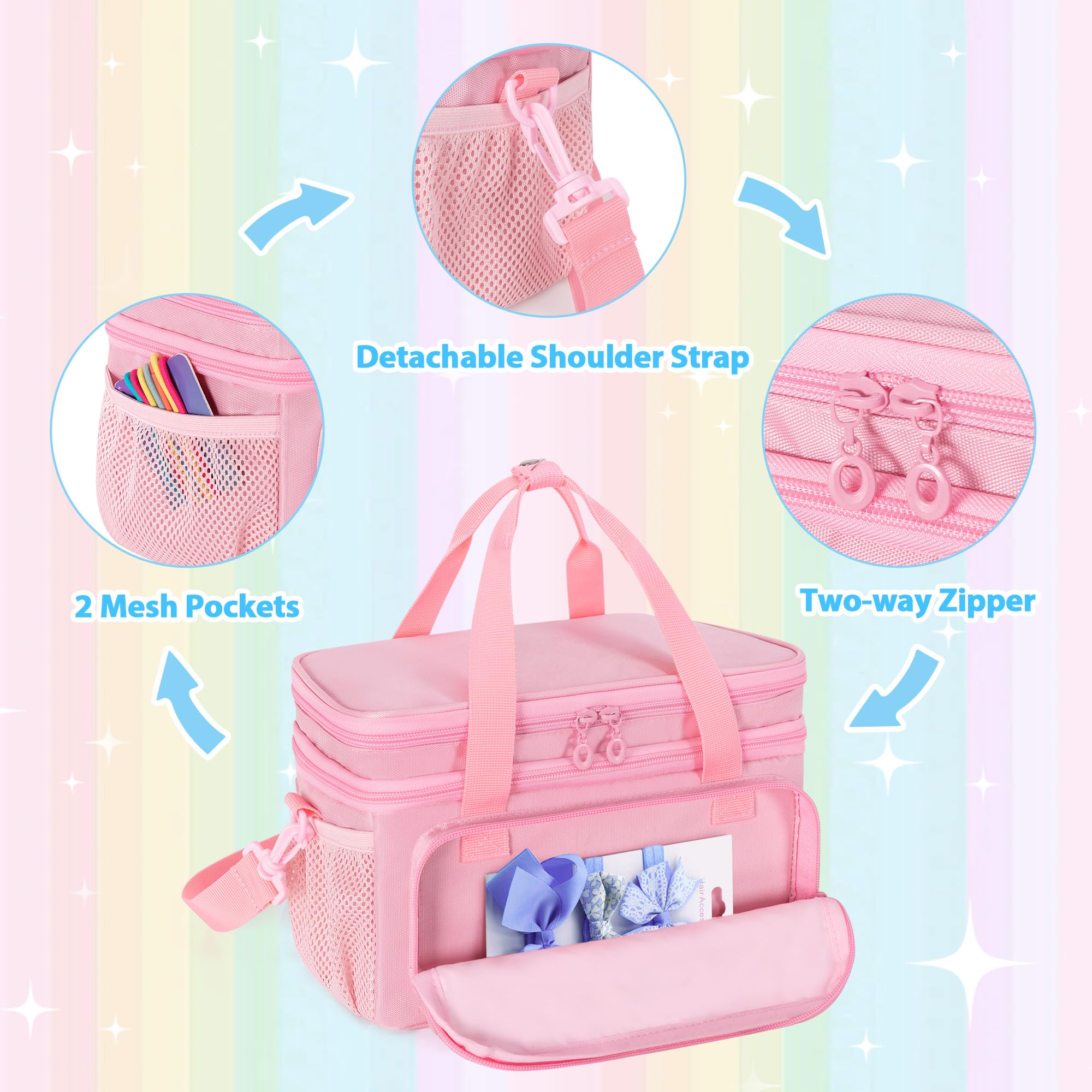 GRAOSO hair bow organizer pink side view with easy-carry handle