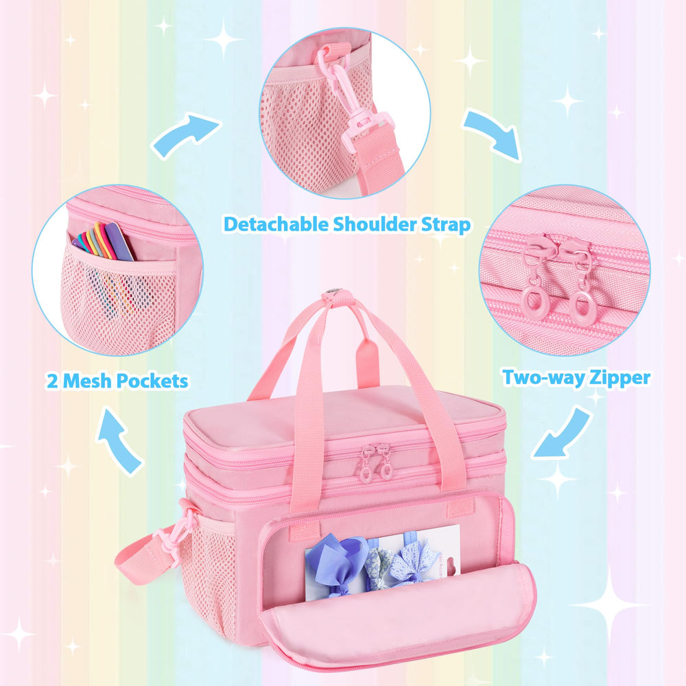 GRAOSO hair bow organizer pink side view with easy-carry handle