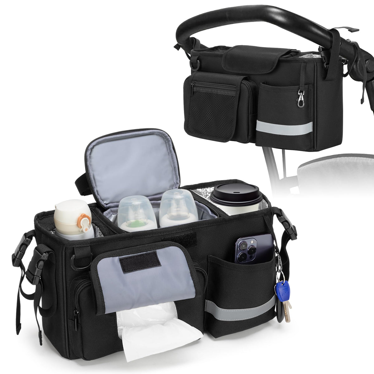 GRAOSO parent console buckle attachment keeping essentials secure on the stroller handle.