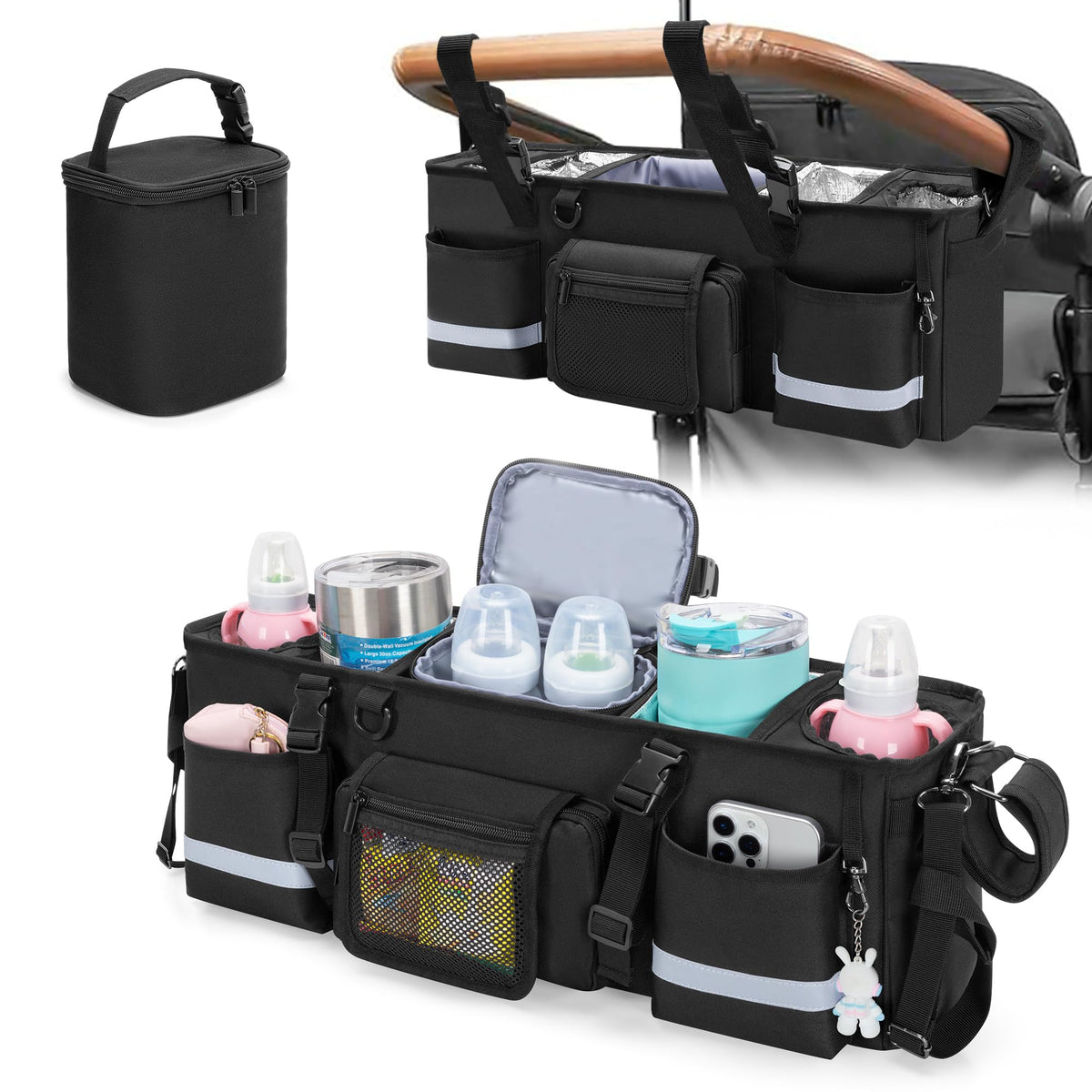 GRAOSO parent console under-handle strap setup keeps drinks and snacks within easy reach