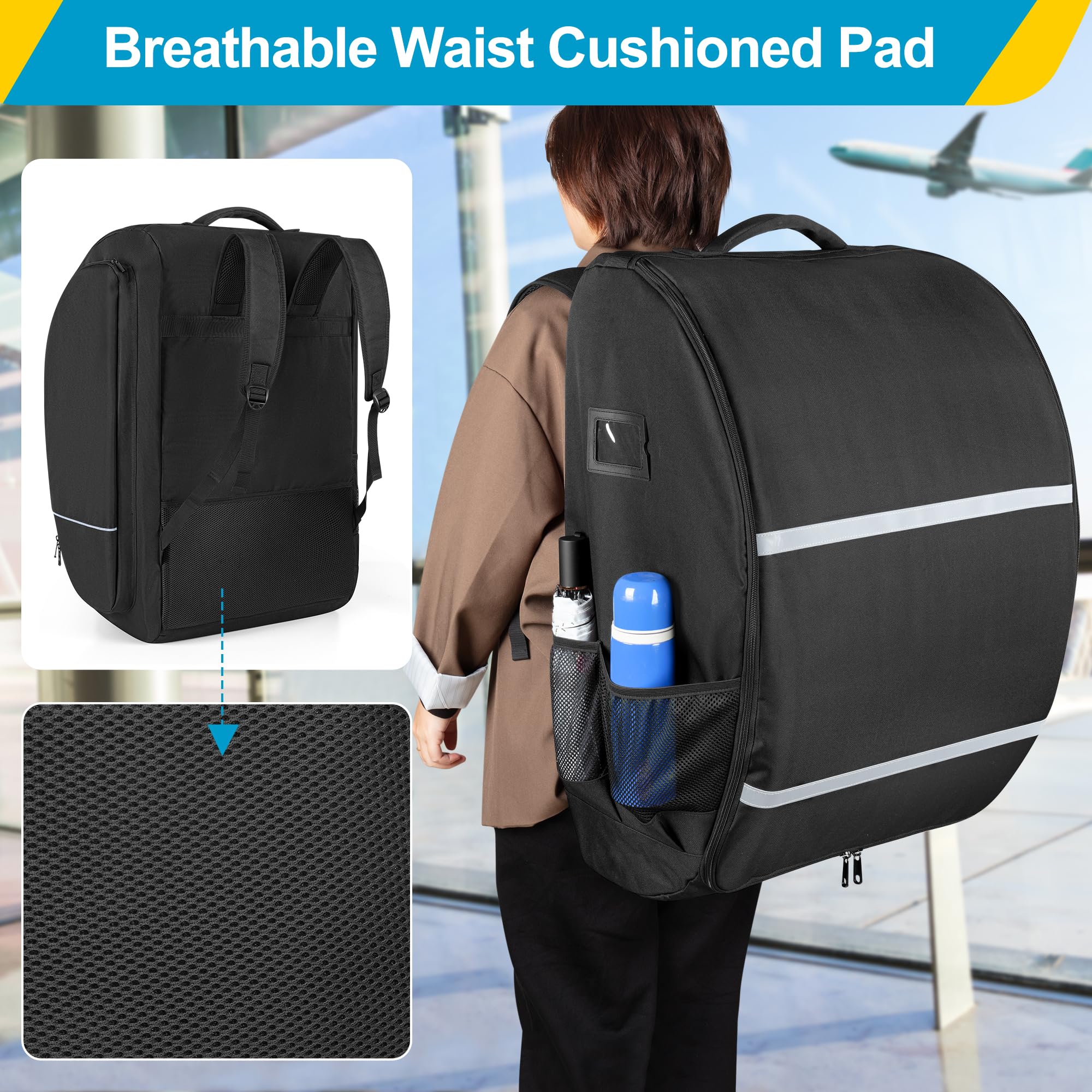 Bag with reflective strips for nighttime visibility and safety during travel.