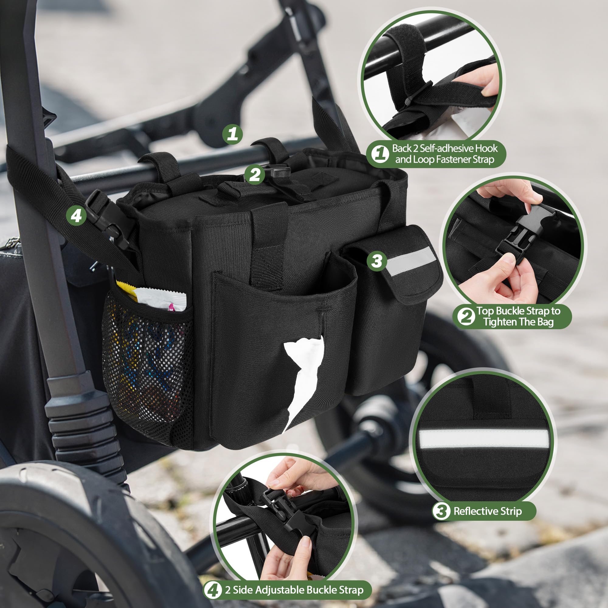 GRAOSO stroller organizer back straps secure to most wagons for quick setup