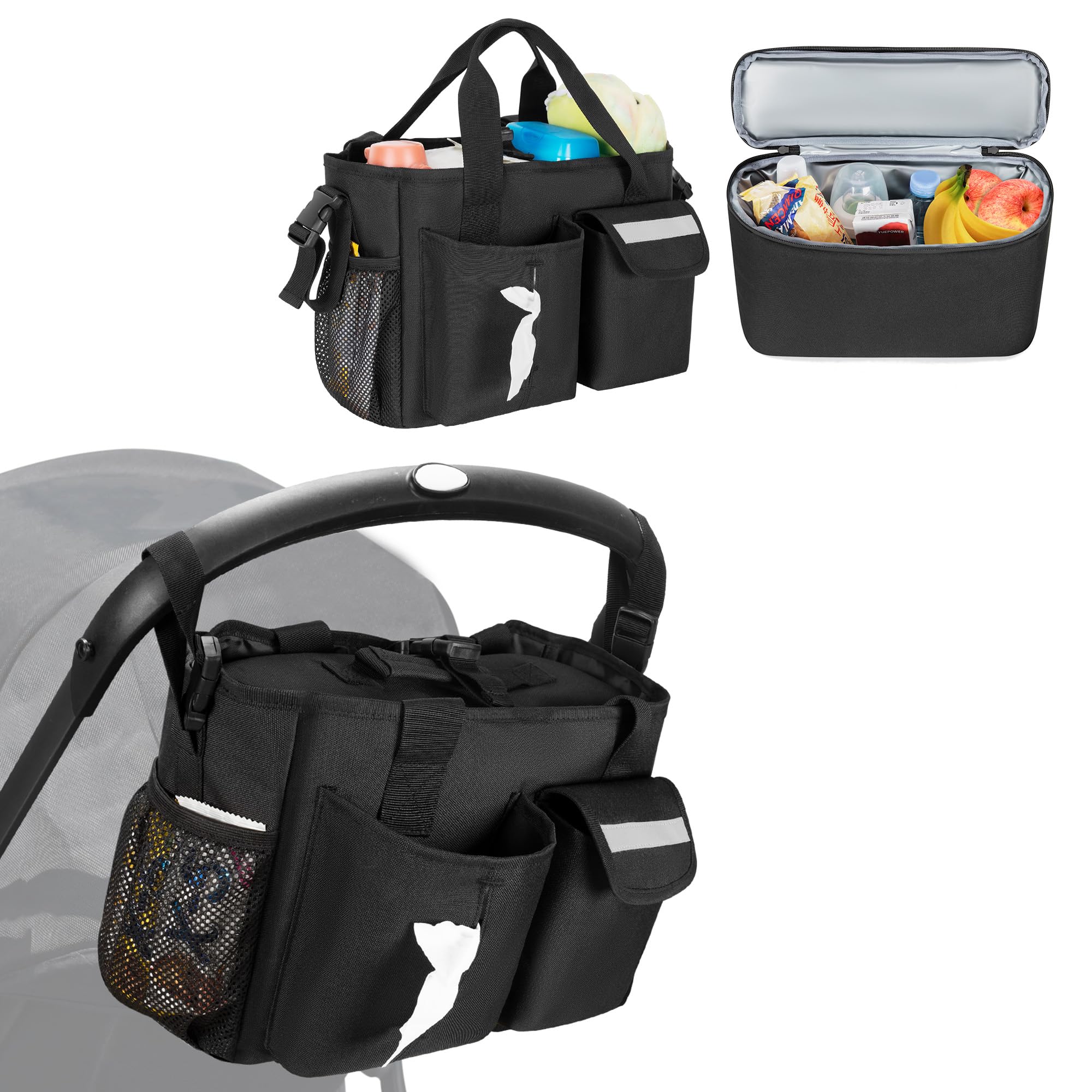 GRAOSO stroller organizer with cooler mounted on handlebars keeps drinks within reach