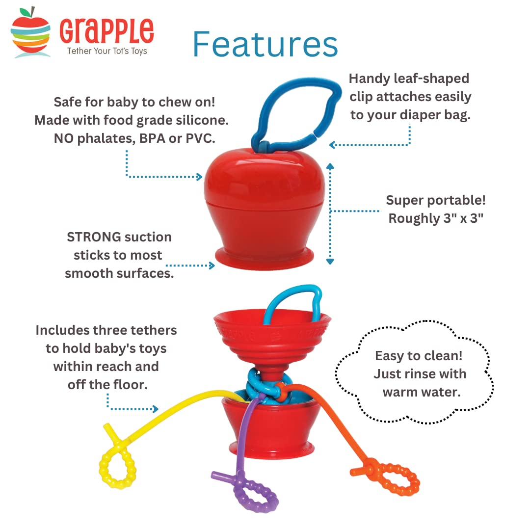Grapple teether-toy in-use keeps teethers reachable during playtime.