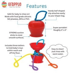 Grapple teether-toy in-use keeps teethers reachable during playtime.