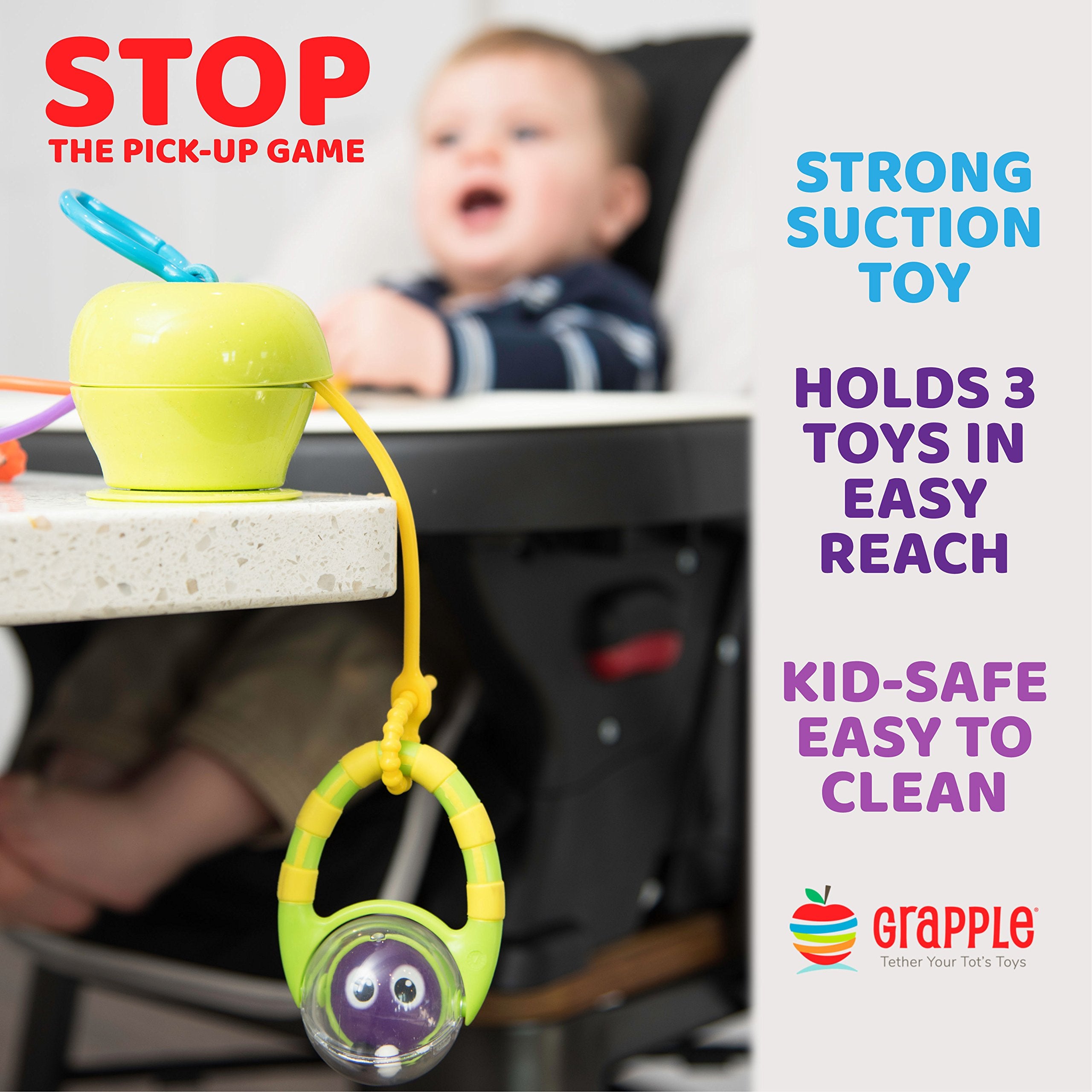 Grapple three-tethers in use securely hold baby toys for little hands.