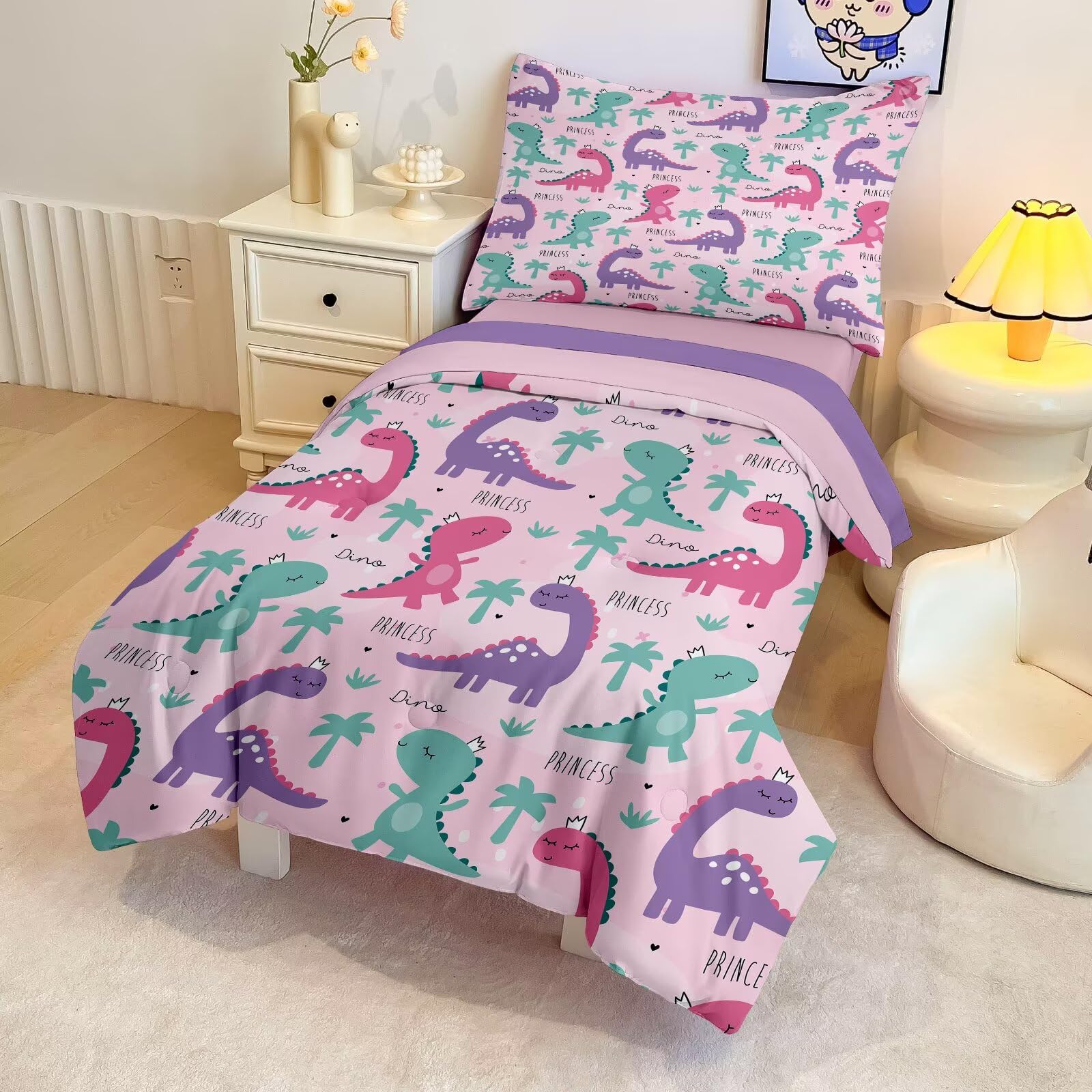 GRAT TIOC dinosaur bedding set pink fitted sheet secure elastic fit for toddler beds
