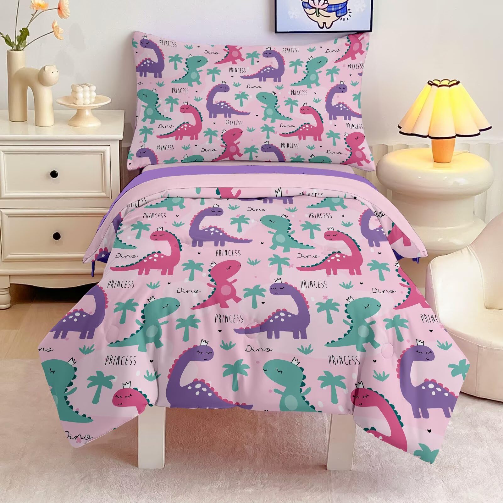 GRAT TIOC dinosaur bedding set pink flat sheet keeps night comfy