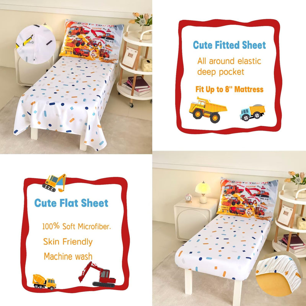 GRAT TIOC construction-vehicles pattern detail on the comforter design.