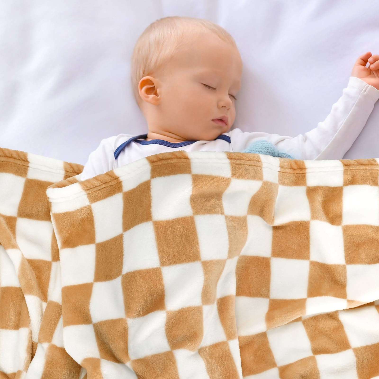 GreatBba plush checkered blanket folded neatly shows compact travel size.