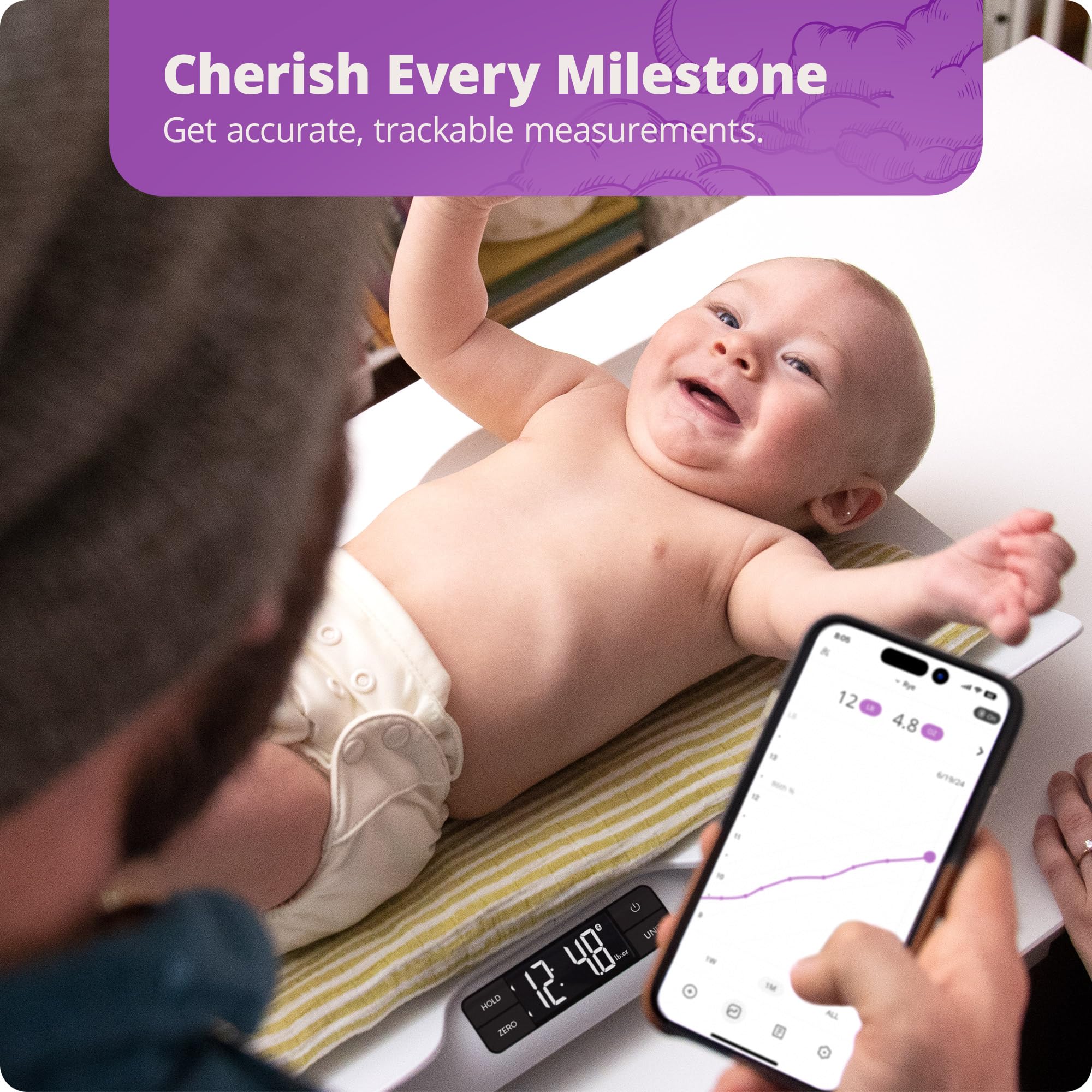 Greater Goods scale demonstrates squirm-proof accuracy for wiggly babies during measurements.