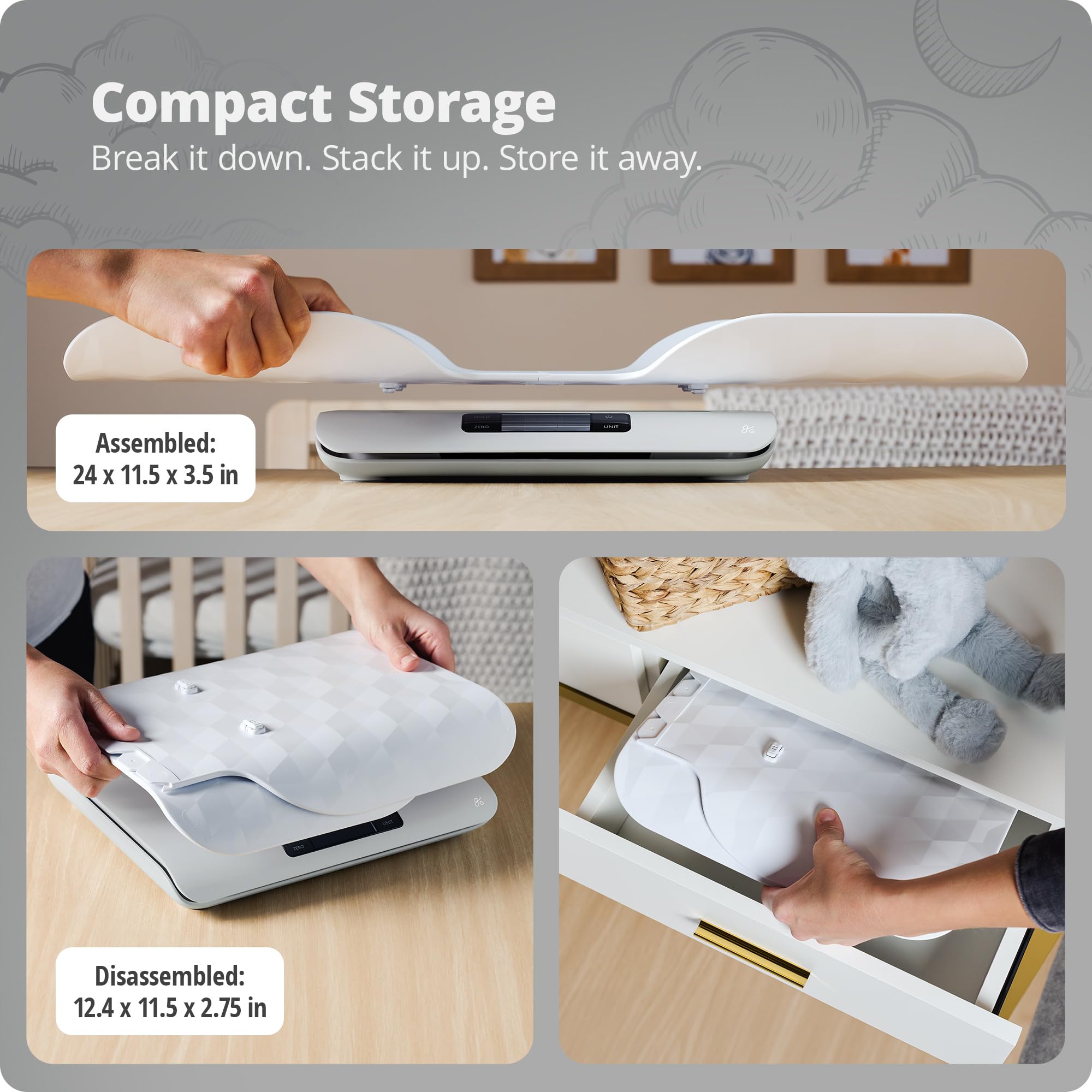 Greater Goods digital baby scale clear backlit display for easy reading in any room.
