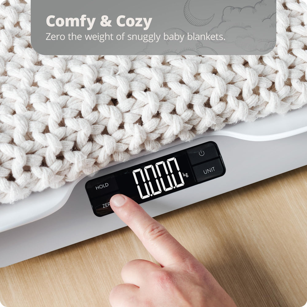 Greater Goods digital baby scale hold feature helps capture stable readings during wiggles.
