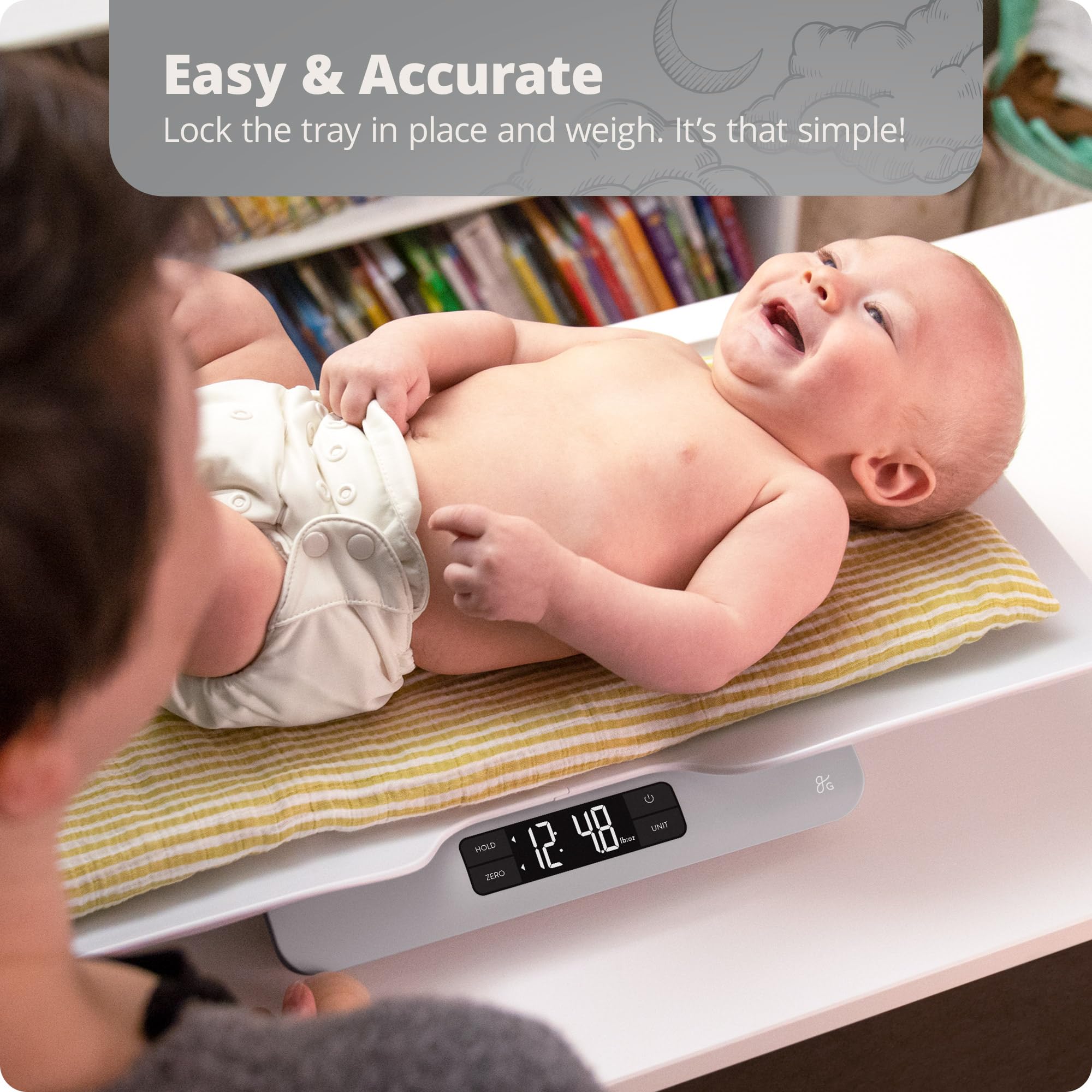 Greater Goods digital baby scale infant tray use for accurate newborn measurements at home.
