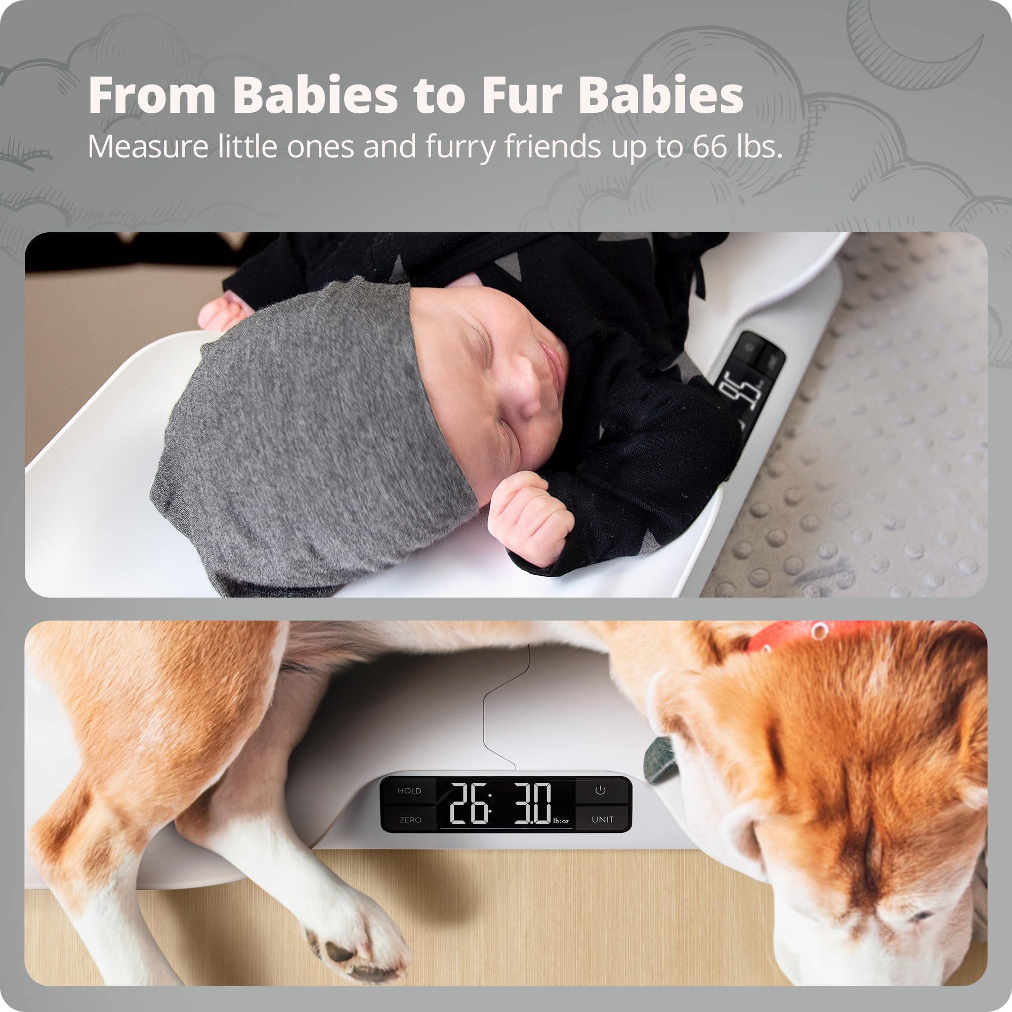 Greater Goods digital baby scale precision 0.01 lb for precise weight tracking.