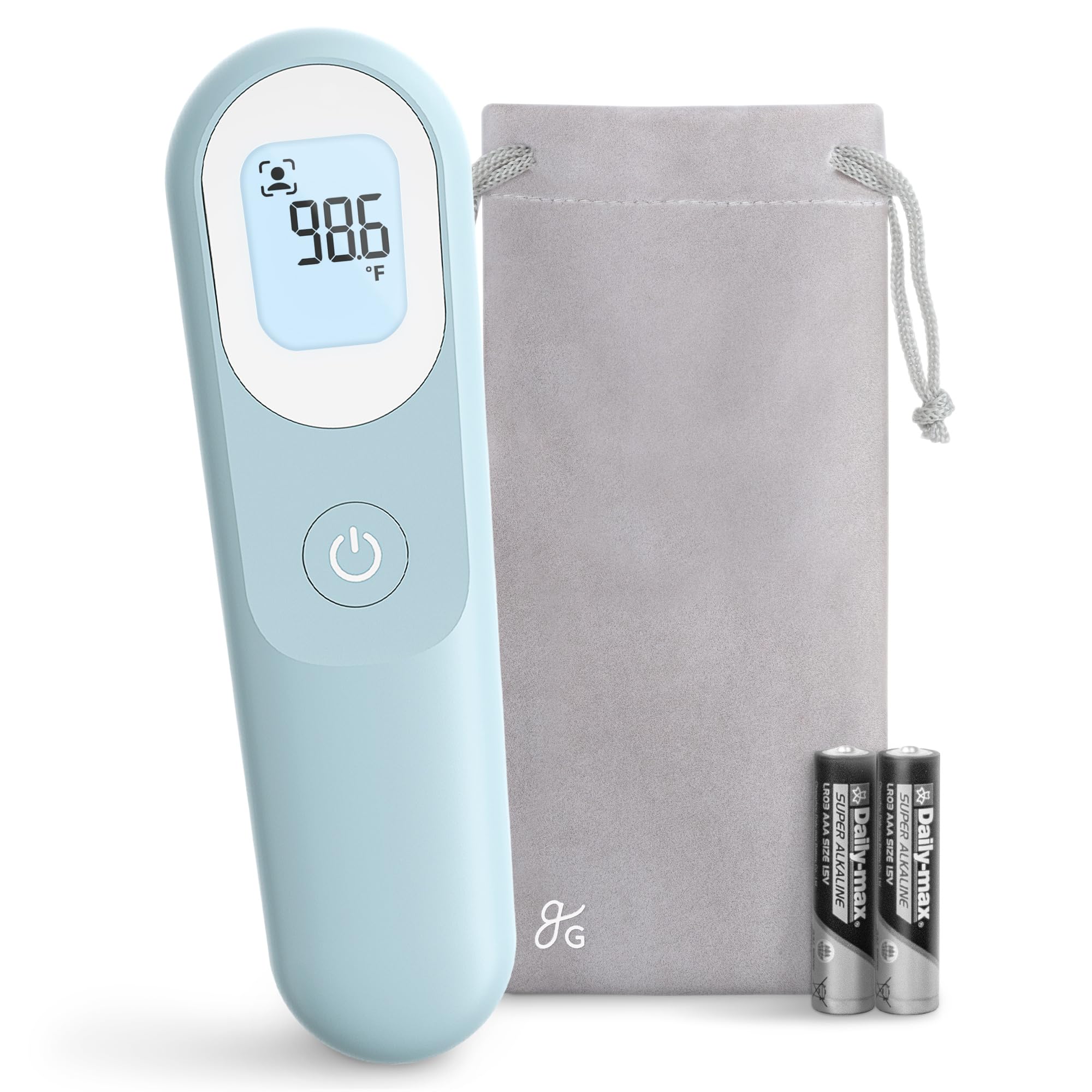 Greater Goods no-touch thermometer held in hand for fast temperature check