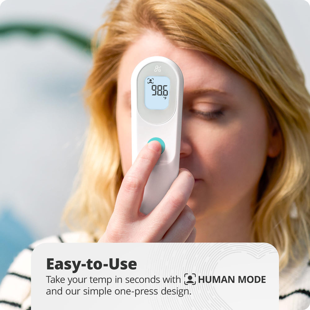 Greater Goods thermometer in use provides contact-free measuring for adults with ease.
