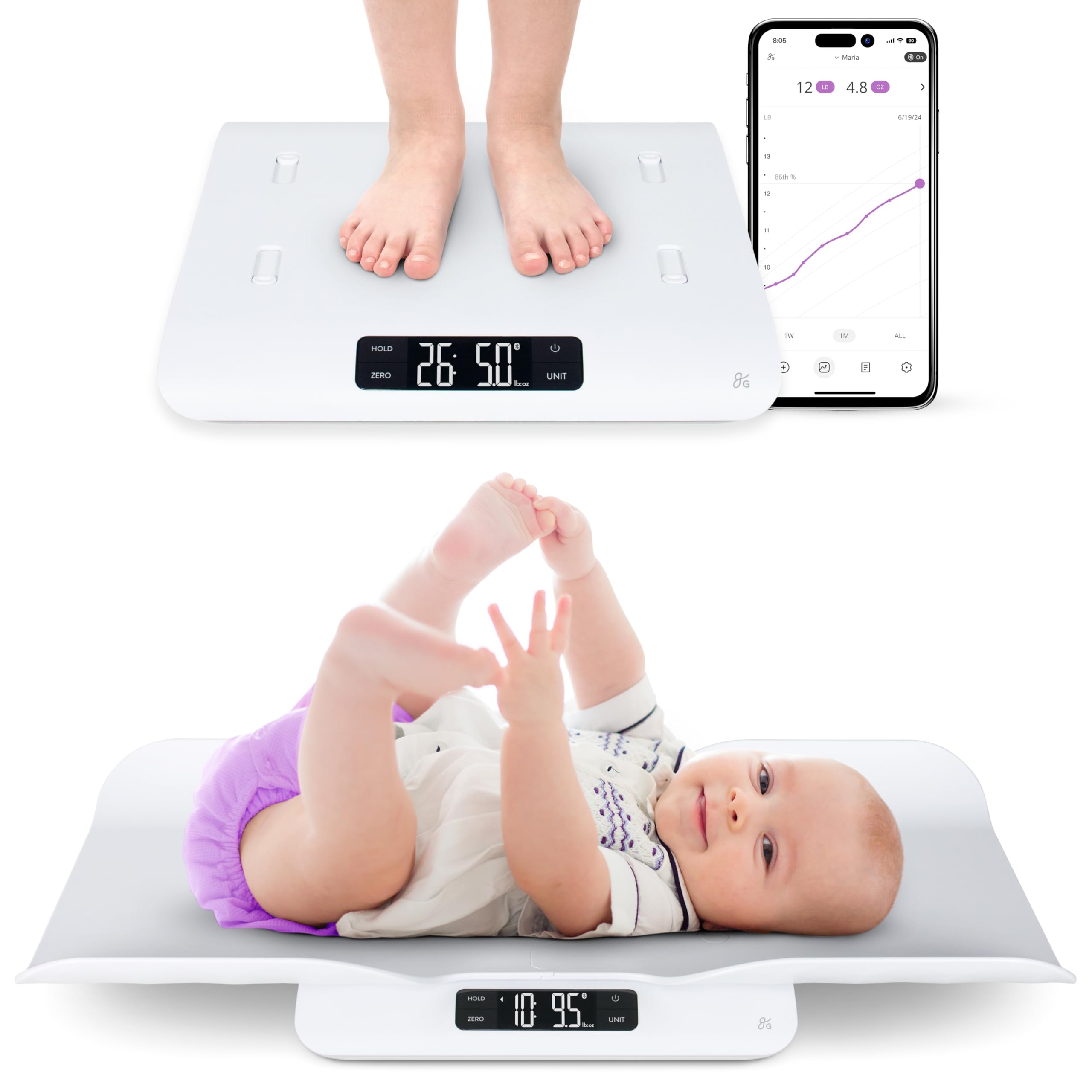 Greater Goods smart Bluetooth baby scale, ready to use straight from the box for instant weigh-ins.