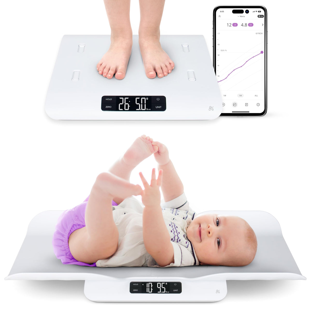 Greater Goods smart Bluetooth baby scale, ready to use straight from the box for instant weigh-ins.