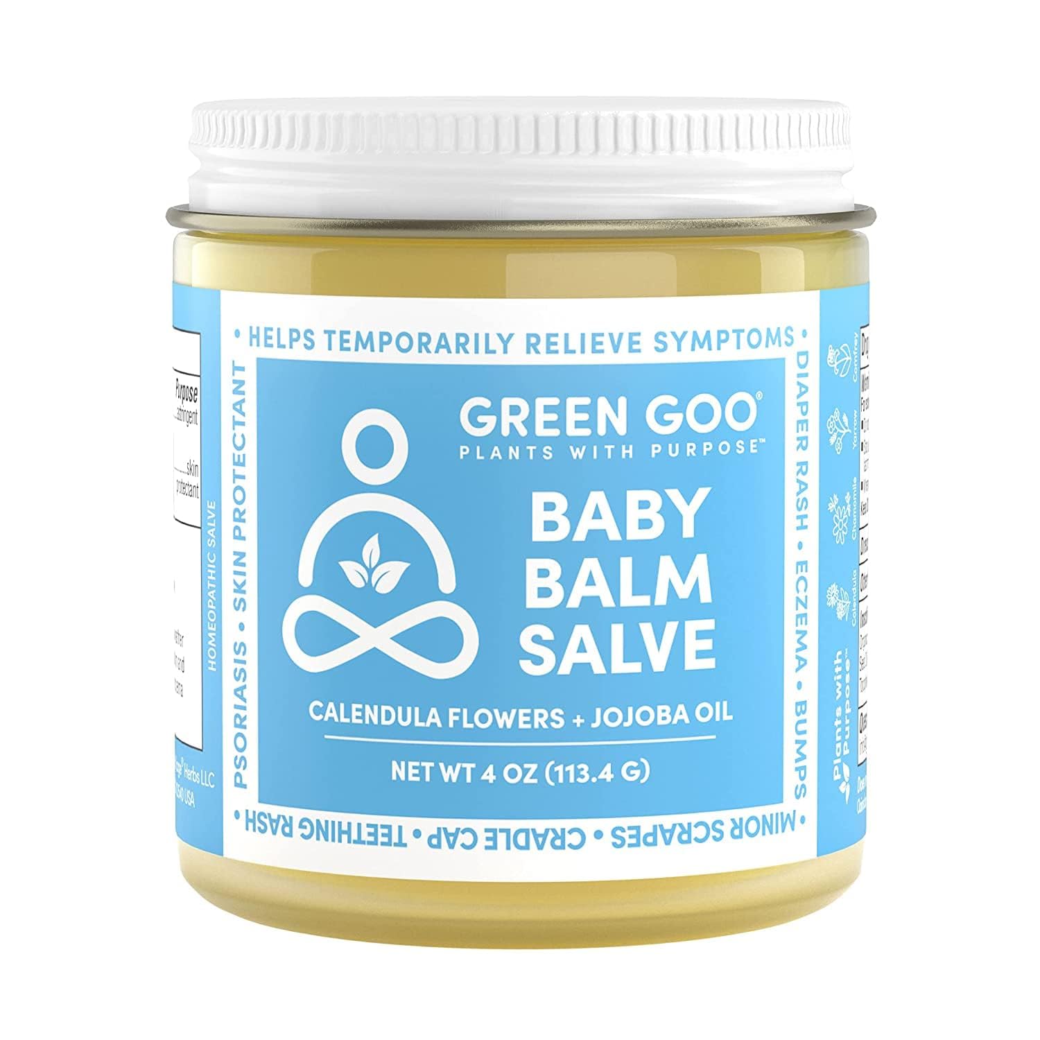 Green Goo Baby Balm jar showing organic formula for gentle baby skin.