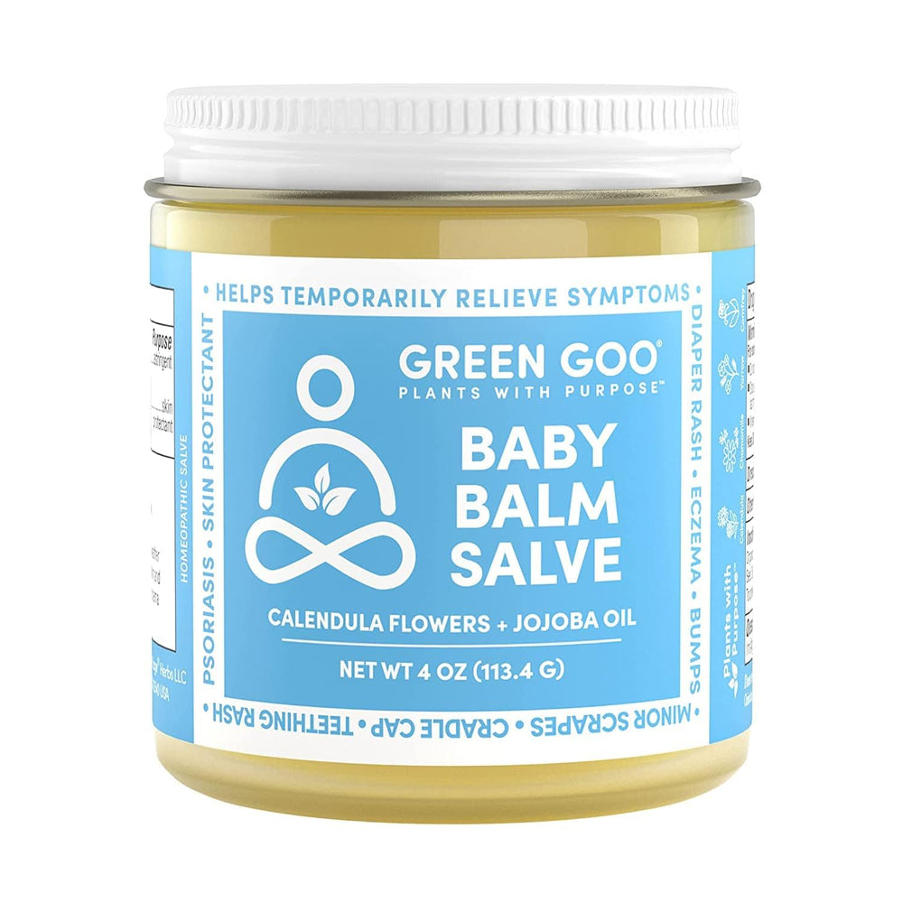 Green Goo Baby Balm jar showing organic formula for gentle baby skin.