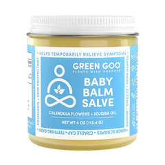 Green Goo Baby Balm jar showing organic formula for gentle baby skin.