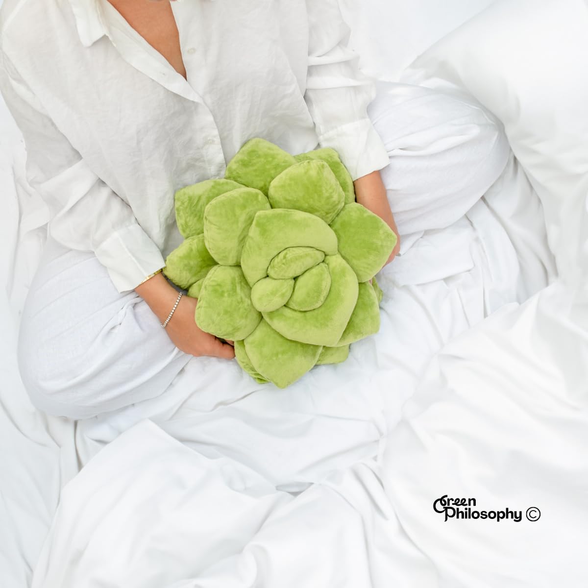 Green Philosophy Co. Succulent Pillow 16-inch on sofa demonstrates ergonomic comfort.