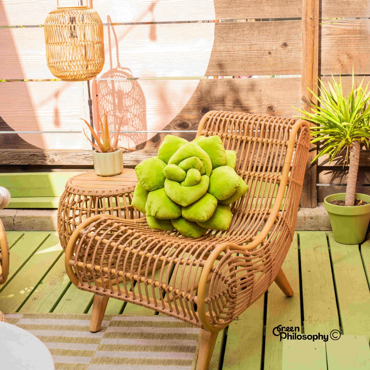 Green Philosophy Co. Succulent Pillow in a workspace with botanical vibe for calm focus.