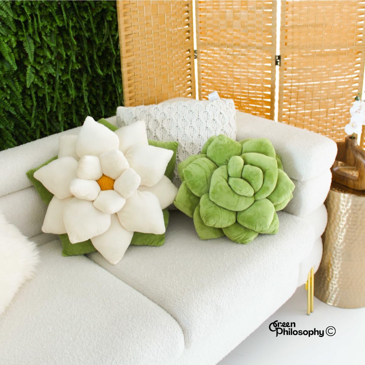 Green Philosophy Co. Succulent Pillow in car setup for road trip comfort and fun.