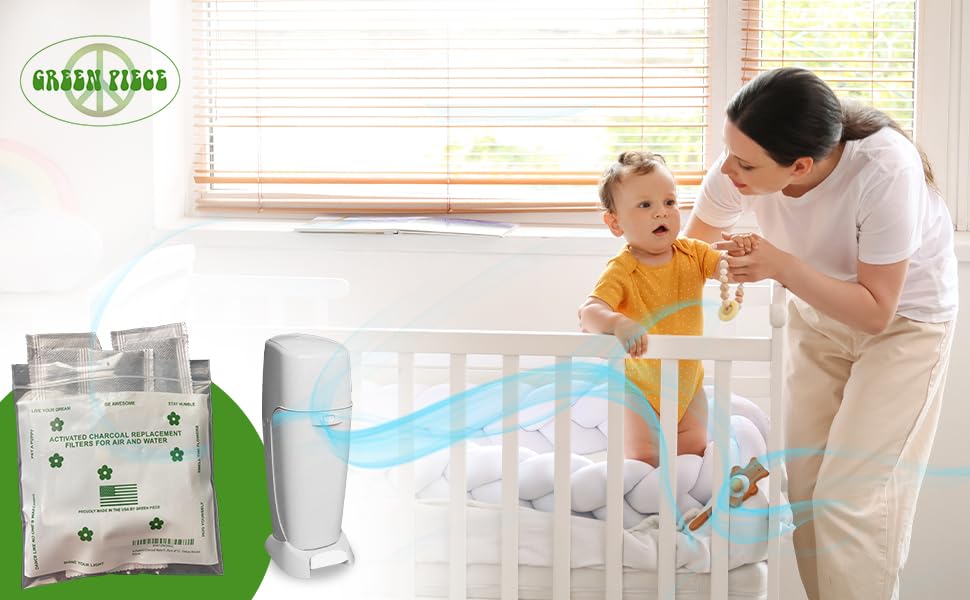 Green Piece odor-absorbing sachets closeup illustrates chemical-free air purification in baby spaces.