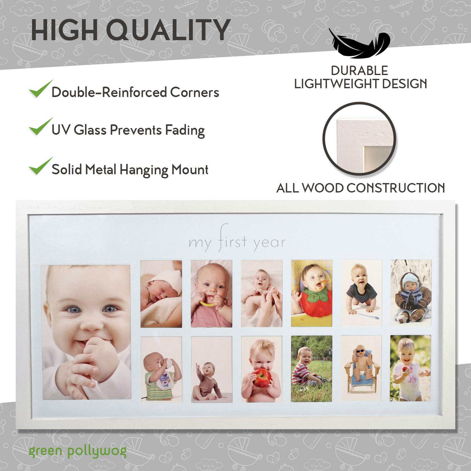 Green Pollywog baby frame acid-free mat protects memories over time