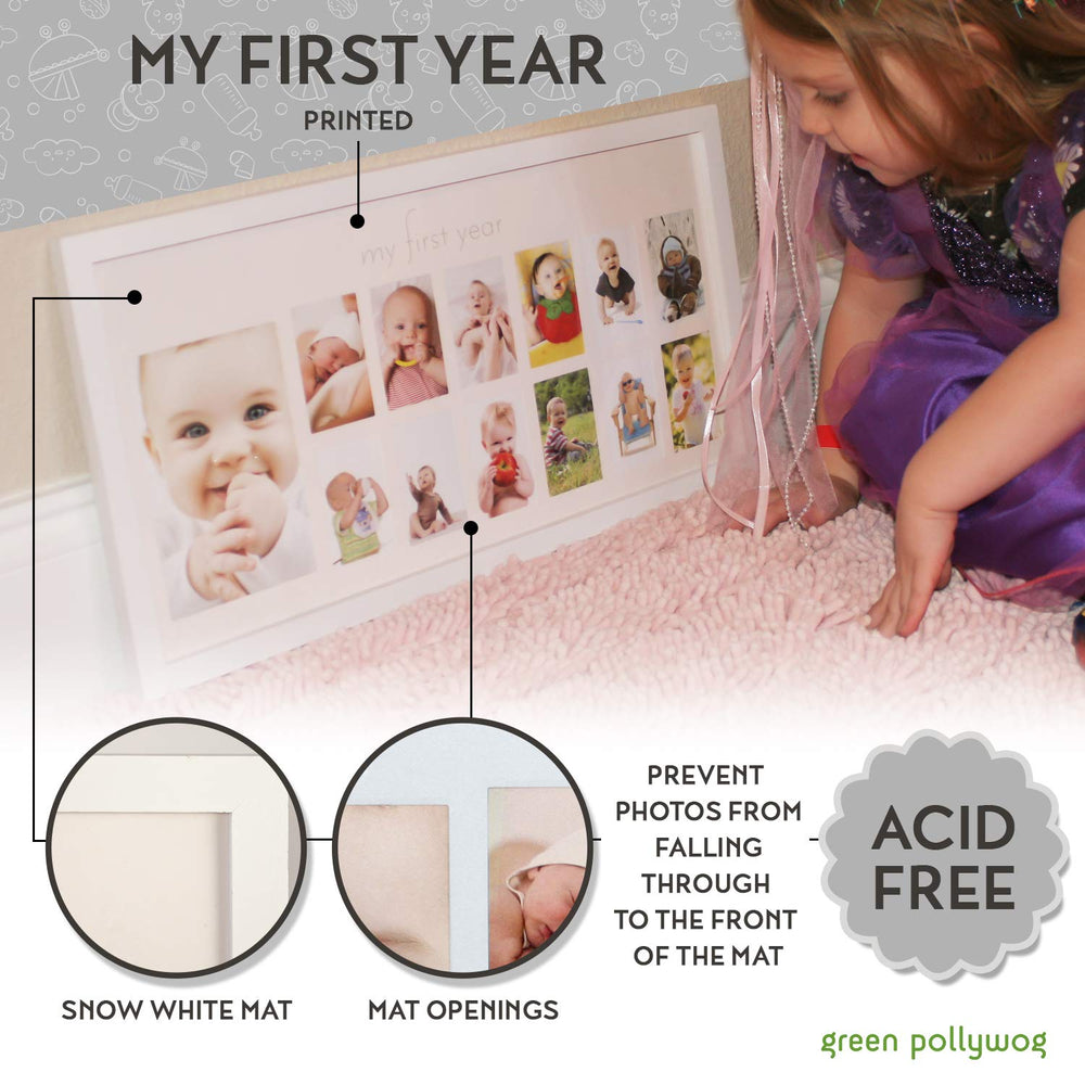 Green Pollywog baby frame 12-photo collage layout demonstrates milestone storytelling