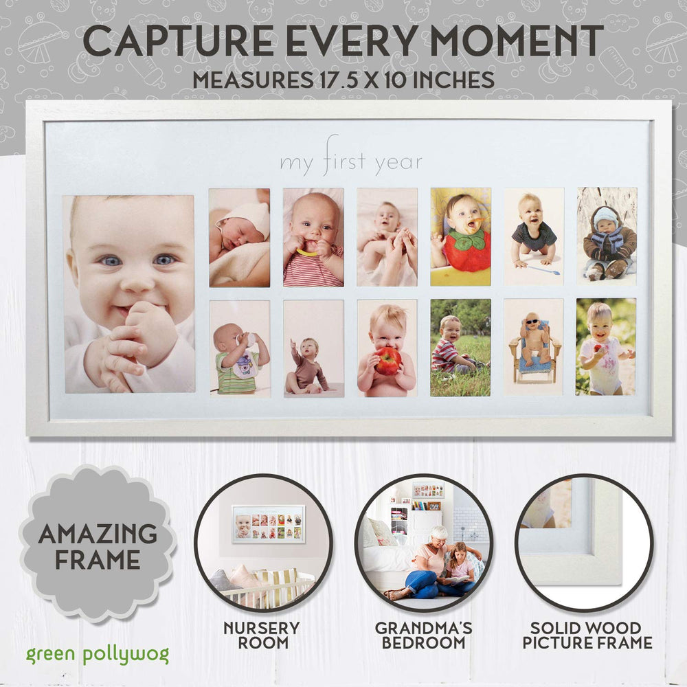 Green Pollywog baby frame snow-white mat close-up with My First Year for keepsakes