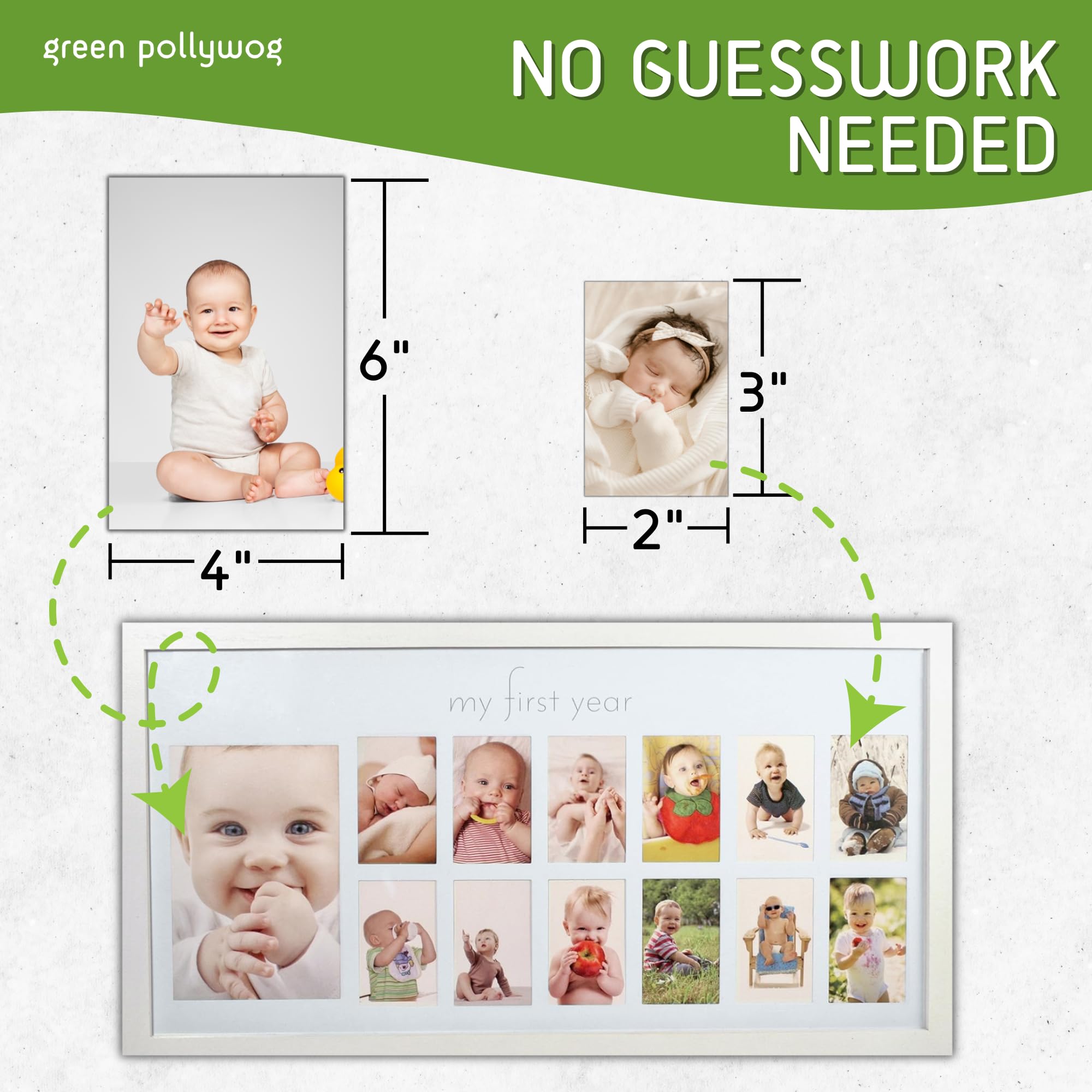 Green Pollywog baby frame UV-protection glass close-up preserves photo colors in sunlight