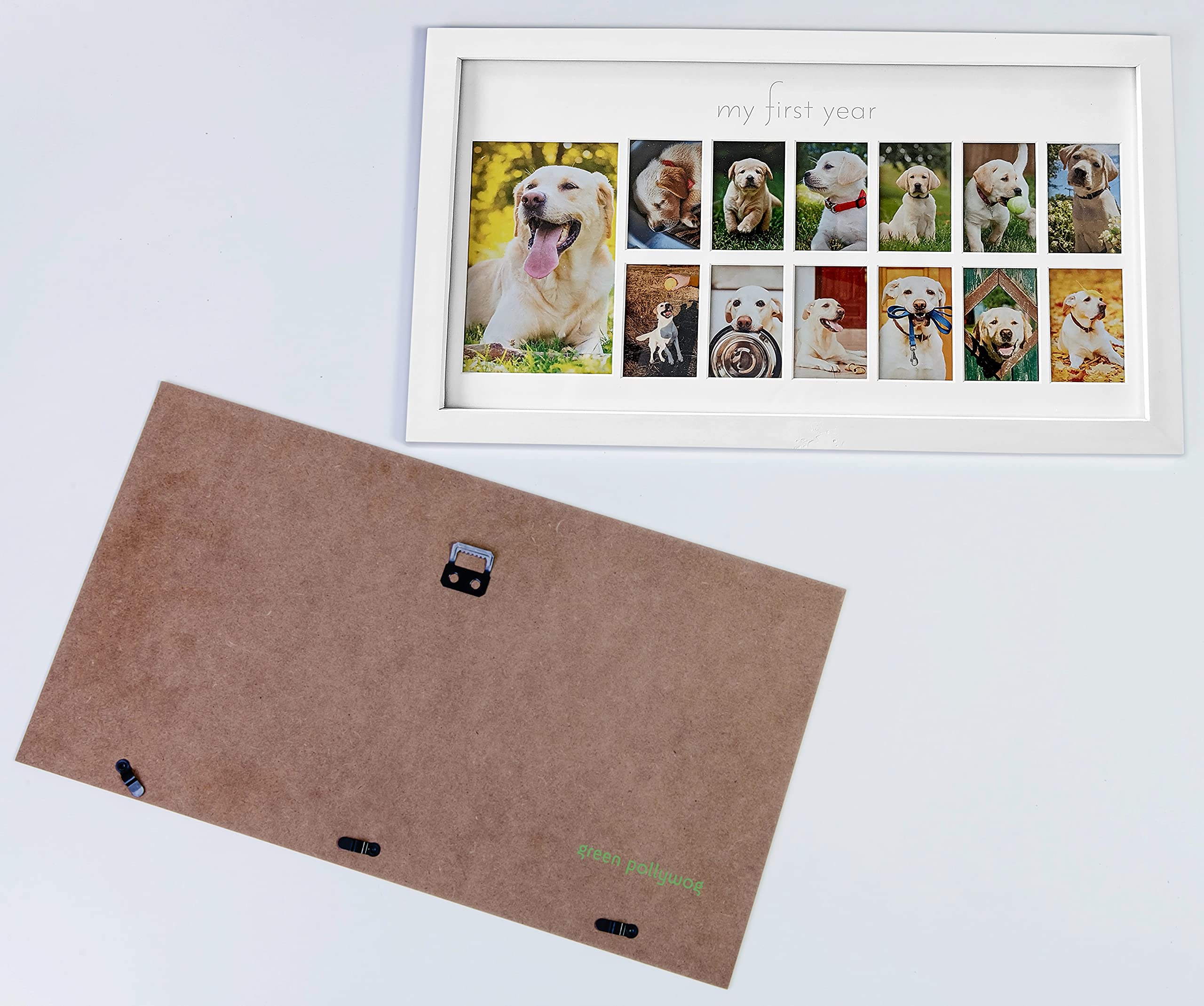 Green Pollywog My First Year frame durable pinewood showcases quality keepsake.
