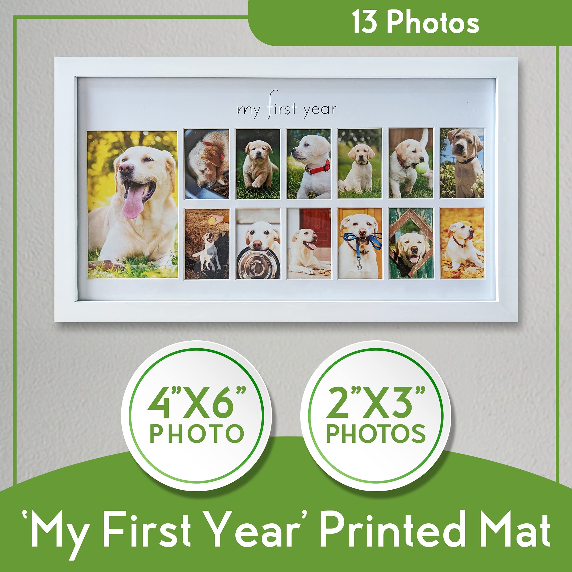 Green Pollywog My First Year frame 12 month layout showcasing 2x3 photos and a 4x6 keepsake.